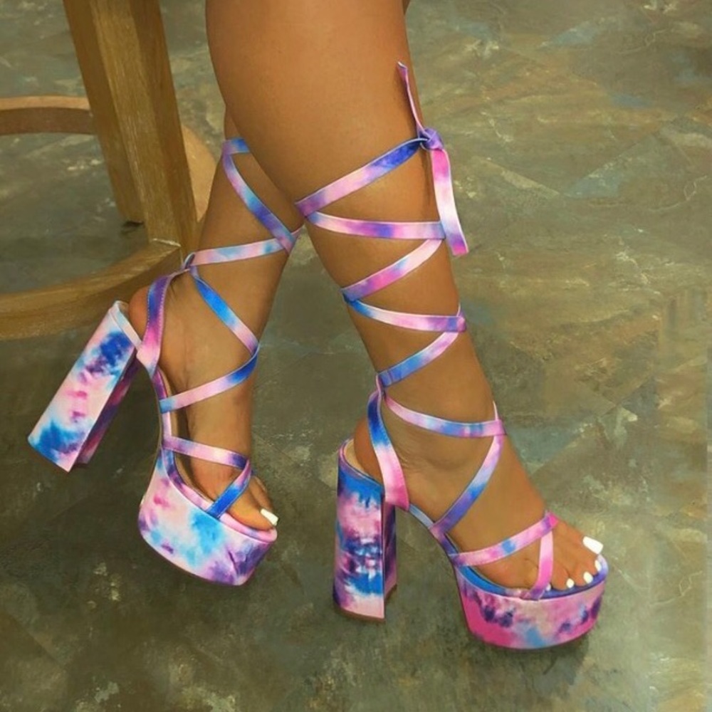 Tye Dye Cotton Candy Platform Tie Up Sandal